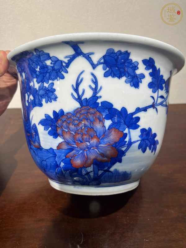 古玩陶瓷青花釉里紅花鳥紋花盆真品鑒賞圖