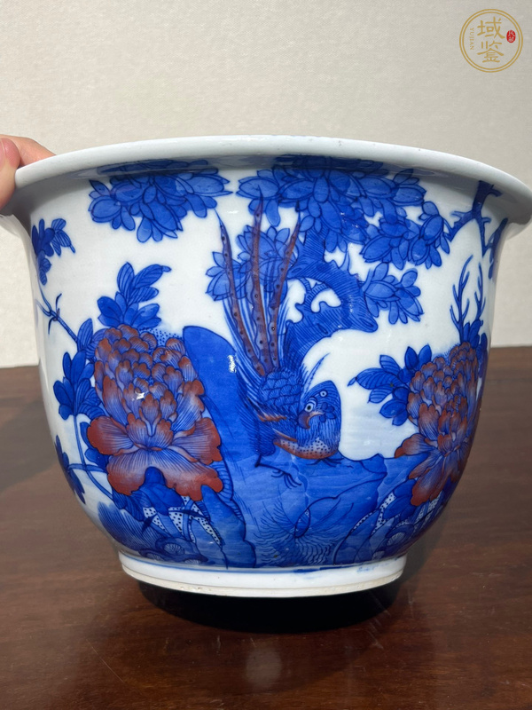 古玩陶瓷青花釉里紅花鳥紋花盆真品鑒賞圖