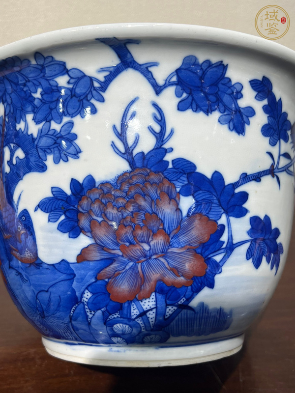 古玩陶瓷青花釉里紅花鳥紋花盆真品鑒賞圖