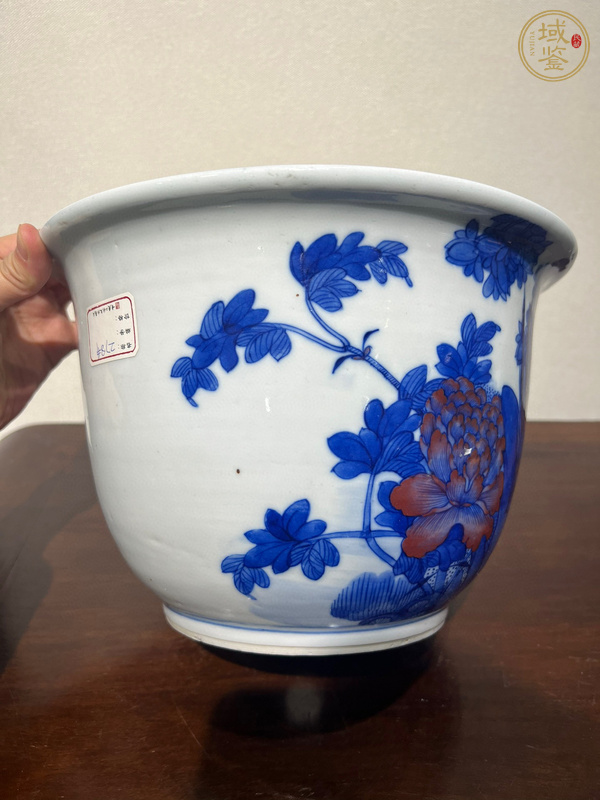 古玩陶瓷青花釉里紅花鳥紋花盆真品鑒賞圖