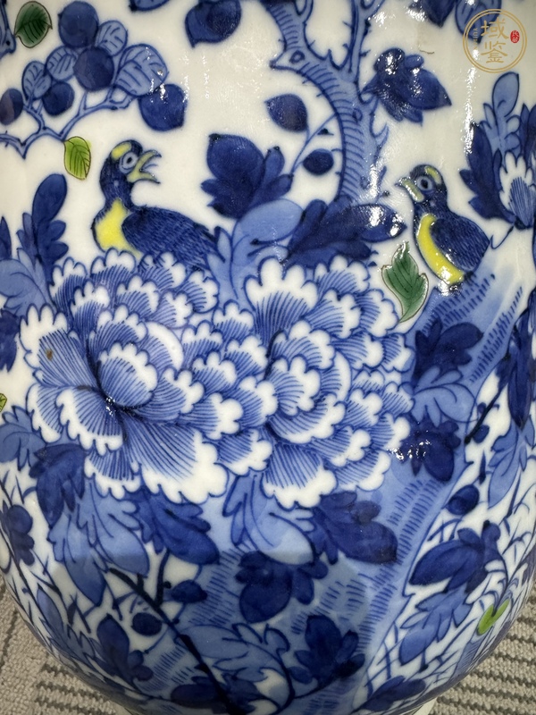 古玩陶瓷青花花鳥加彩花盆真品鑒賞圖