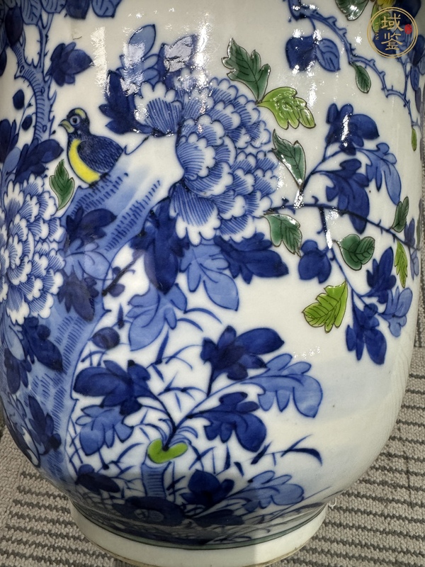 古玩陶瓷青花花鳥加彩花盆真品鑒賞圖