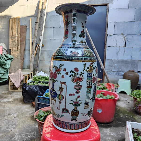 古玩陶瓷(300件大瓶)57厘米粉彩博古圖獅耳花口瓶拍賣,當前價格9800元