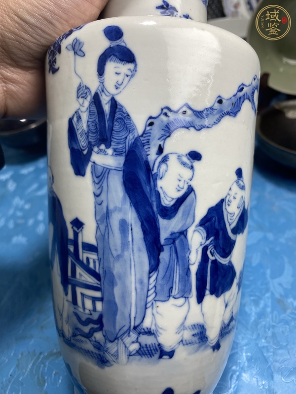 古玩陶瓷三娘教子圖青花棒槌瓶真品鑒賞圖