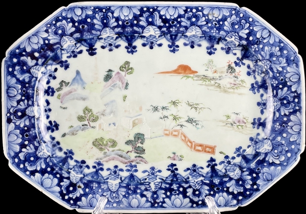 古玩陶瓷清乾隆青花粉彩亭臺風景圖大盤拍賣,當前價格6500元