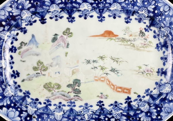 古玩陶瓷清乾隆青花粉彩亭臺風景圖大盤拍賣,當前價格6500元