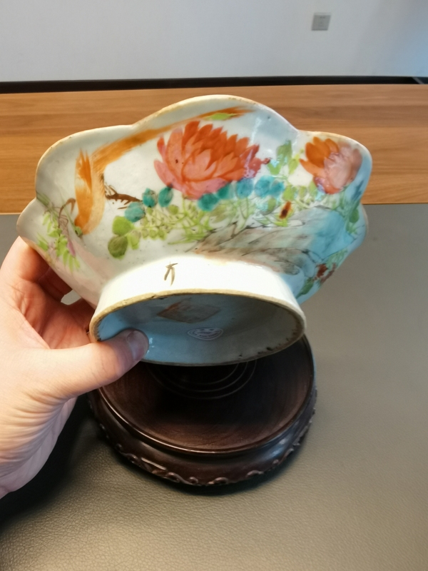 古玩陶瓷清末民初名家馬慶云淺絳花鳥詩文花口盤拍賣，當前價格3800元
