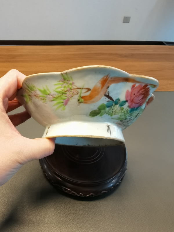 古玩陶瓷清末民初名家馬慶云淺絳花鳥詩文花口盤拍賣，當前價格3800元