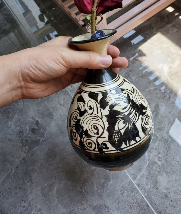 古玩陶瓷明代耀州窯白地黑花花卉紋玉壺春瓶拍賣，當前價格12800元