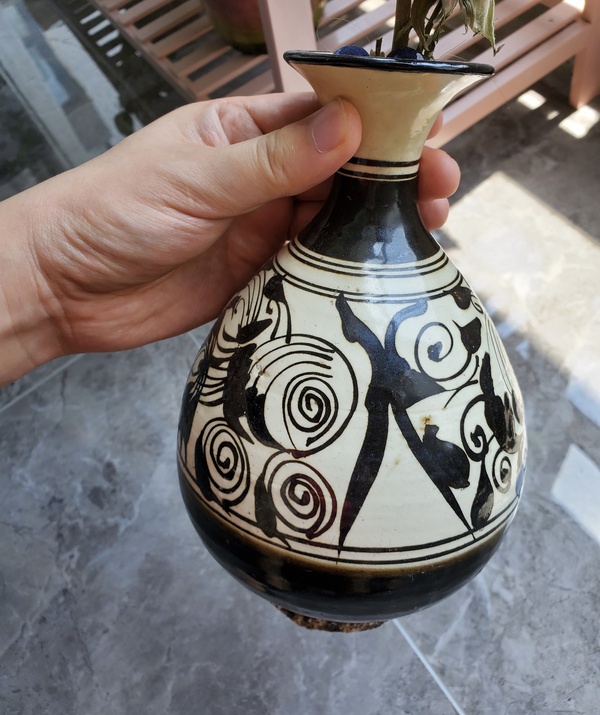古玩陶瓷明代耀州窯白地黑花花卉紋玉壺春瓶拍賣，當前價格12800元