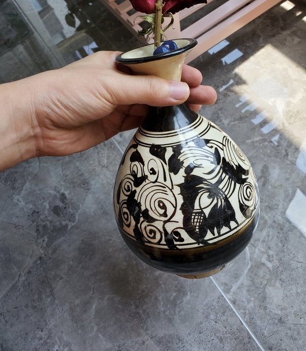 古玩陶瓷明代耀州窯白地黑花花卉紋玉壺春瓶拍賣，當前價格12800元