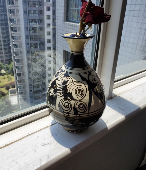 古玩陶瓷明代耀州窯白地黑花花卉紋玉壺春瓶拍賣，當前價格12800元