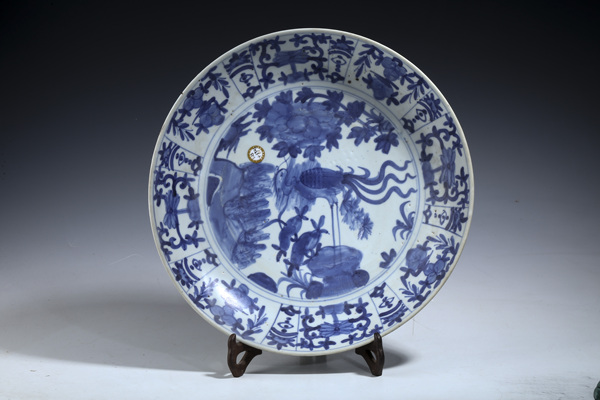 古玩陶瓷明晚·青花鳳凰牡丹紋大盤拍賣，當(dāng)前價(jià)格3000元