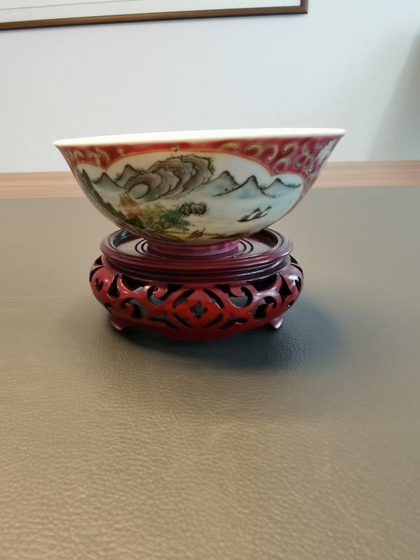古玩陶瓷江西名瓷粉彩開光山水人物紋細路茶碗拍賣,當前價格1500元