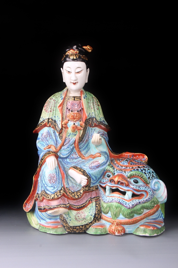 古玩陶瓷【8861】晚清民國 粉彩文殊菩薩法像一尊拍賣,當前價格11000元