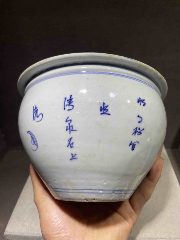 古玩陶瓷清乾隆青花亭臺樓閣山水詩文卷缸拍賣,當前價格1388元