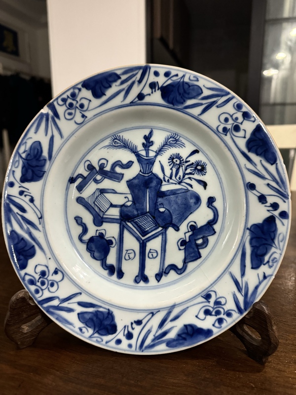 古玩陶瓷康熙青花博古圖折沿盤拍賣,當前價格698元