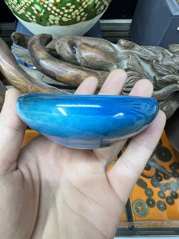 古玩陶瓷單色釉·孔雀藍釉鏜鑼洗拍賣,當前價格3900元