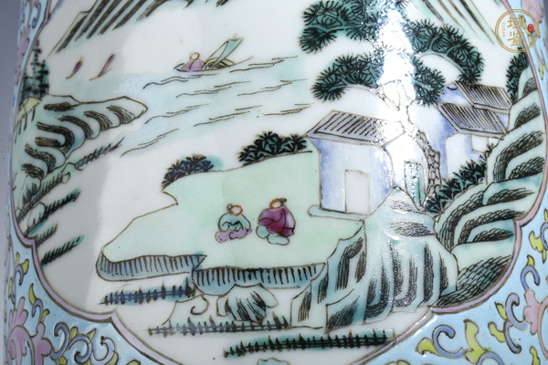 古玩陶瓷清末民初·粉彩開窗山水人物圖棒槌瓶真品鑒賞圖
