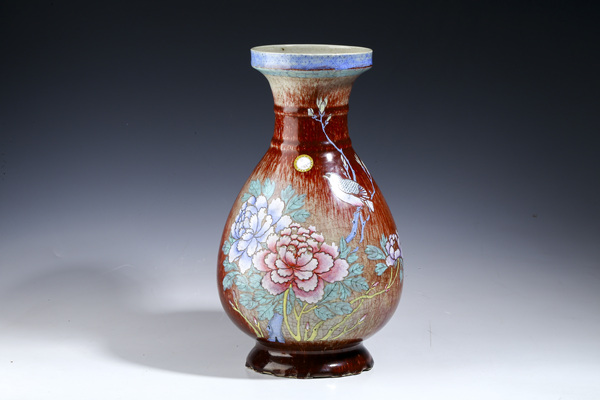A0408】景徳鎮 黄周生作 青花釉里紅花鳥紋瓶 花器 花入 一輪挿し