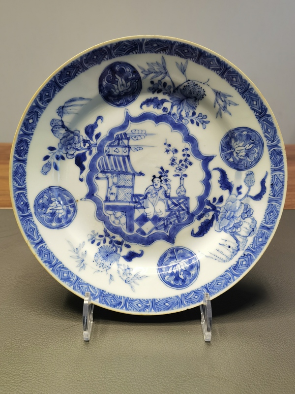 古玩陶瓷康熙翠毛藍(lán)青花童子折桂圖折沿盤(pán)拍賣(mài),當(dāng)前價(jià)格3000元