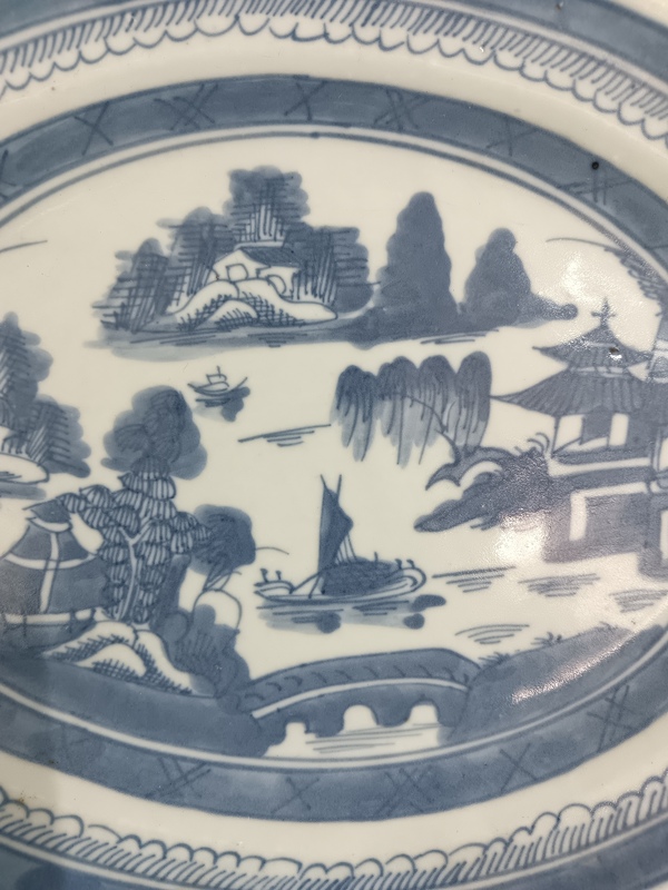 古玩陶瓷清乾隆青花亭臺樓閣山水圖盤拍賣,當前價格870元