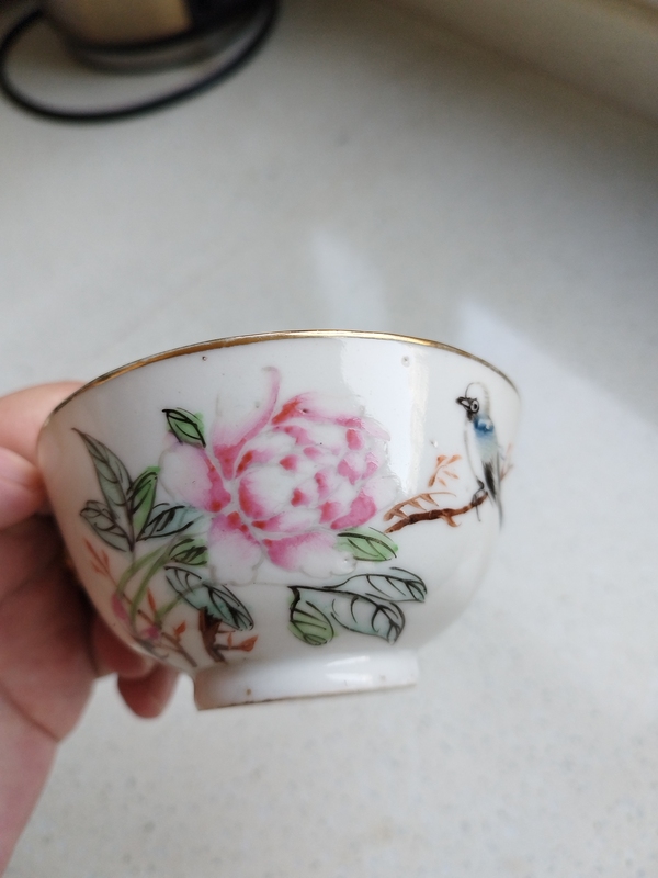 古玩陶瓷粉彩花鳥紋杯碟拍賣,當前價格1380元