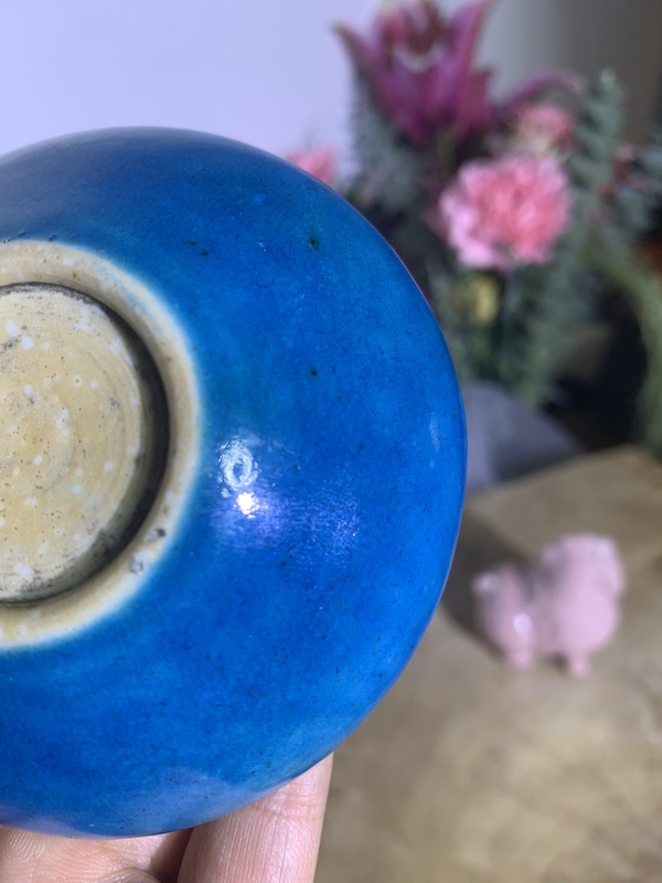 古玩陶瓷單色釉·孔雀藍釉鏜鑼洗拍賣,當前價格3900元