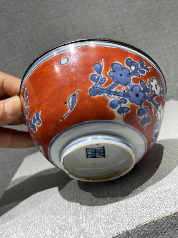 古玩陶瓷明(嘉萬)礬紅青花花卉紋茶碗拍賣,當前價格9888元