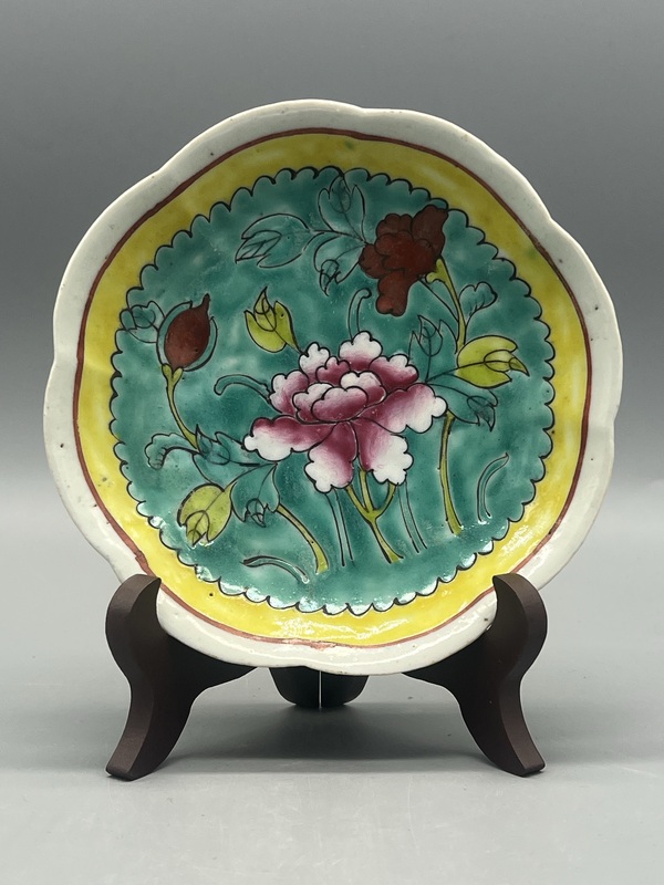古玩陶瓷清同治松石綠釉一品富貴海棠盤拍賣,當前價格566元