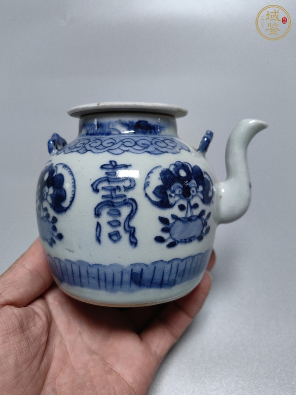 古玩陶瓷青花福壽紋提梁壺真品鑒賞圖