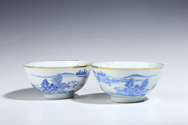 古玩陶瓷精品民窯-藍料彩山水紋碗一對拍賣,當前價格2900元