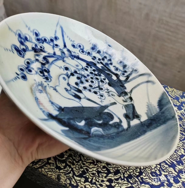 古玩陶瓷清中期青花釉里紅喜鵲登梅圖盤拍賣，當前價格1200元