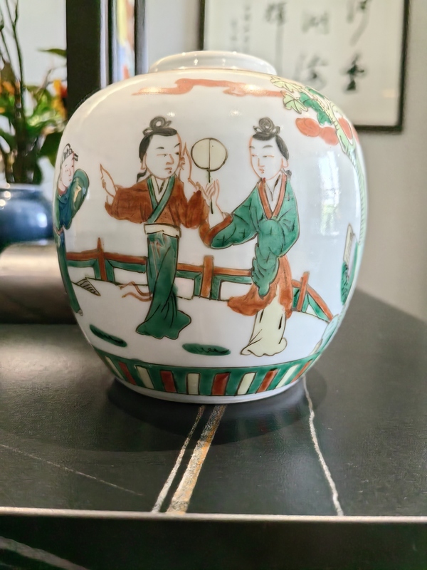古玩陶瓷五彩長亭送別故事紋蓋罐拍賣,當前價格999元
