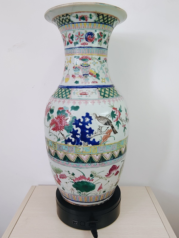 古玩陶瓷45cm～晚清(精品)?粉彩滿工博古花鳥紋瓶拍賣，當前價格5000元