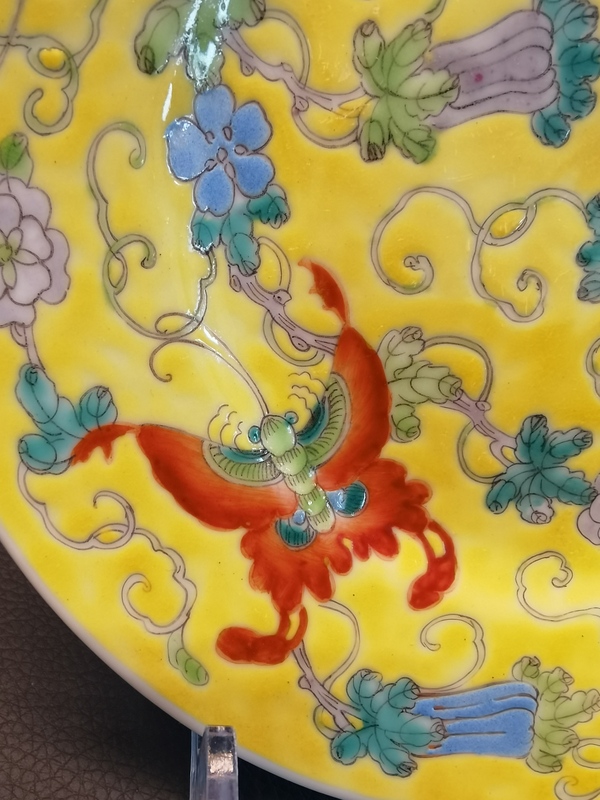 古玩陶瓷大清光緒年製官窯款黃地粉彩瓜瓞綿綿圖折沿盤拍賣,當前價格1150元