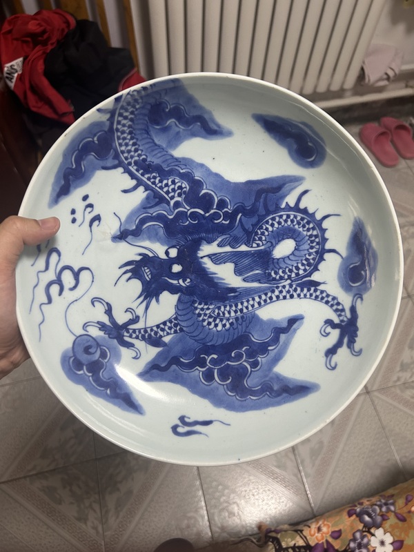 古玩陶瓷雍正青花過墻龍紋盤拍賣,當前價格12000元