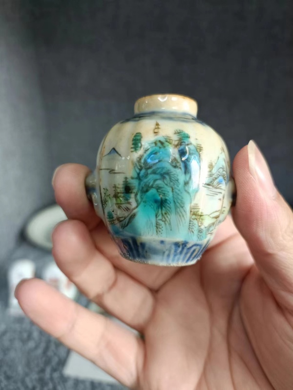 古玩陶瓷乾隆青花粉彩山水紋水盂拍賣,當前價格2800元