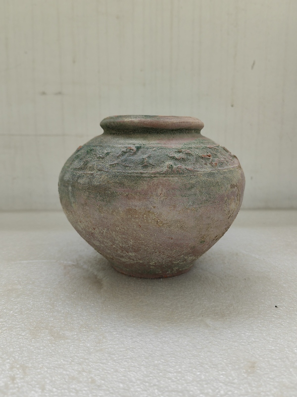 古玩陶瓷紅陶綠釉跑獸紋罐拍賣,當前價格850元