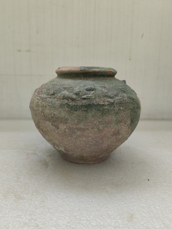 古玩陶瓷紅陶綠釉跑獸紋罐拍賣,當前價格850元