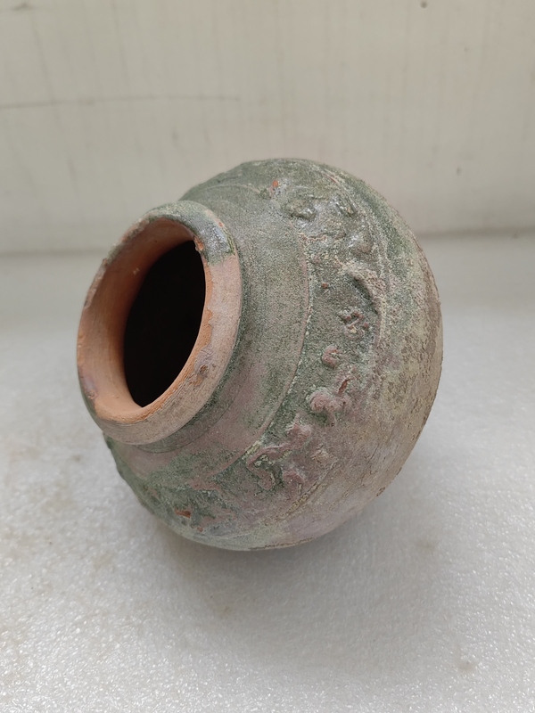 古玩陶瓷紅陶綠釉跑獸紋罐拍賣,當前價格850元