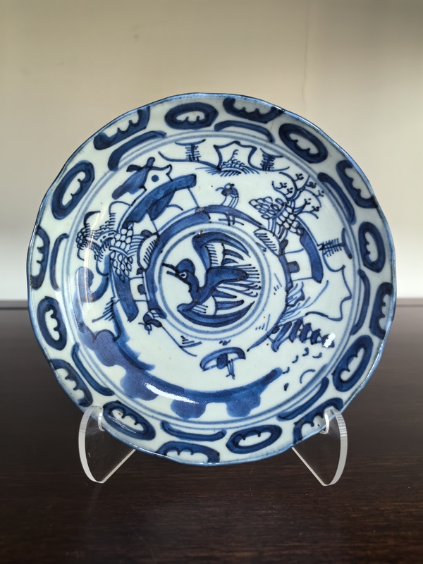 古玩陶瓷清中期漁樵耕讀青花盤拍賣,當前價格600元