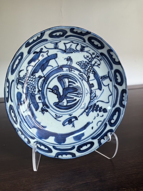 古玩陶瓷清中期漁樵耕讀青花盤拍賣,當前價格600元