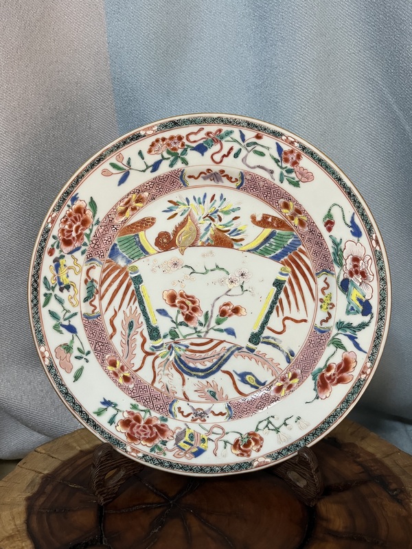 古玩陶瓷雍正粉彩鳳紋折沿盤拍賣,當前價格6000元
