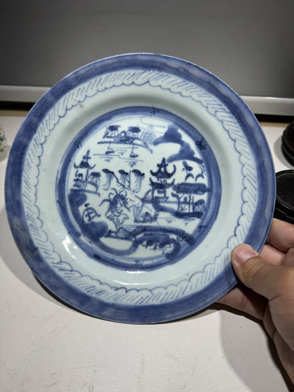 古玩陶瓷清.乾隆.青花山水人物紋折沿盤拍賣,當前價格698元