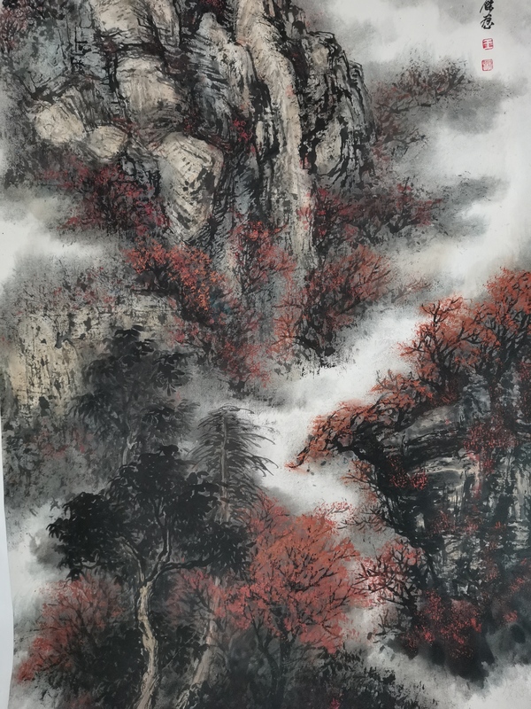 古玩字畫梁樹年和張大千再傳弟子王維杰山水山間秋韻拍賣,當前價格899元