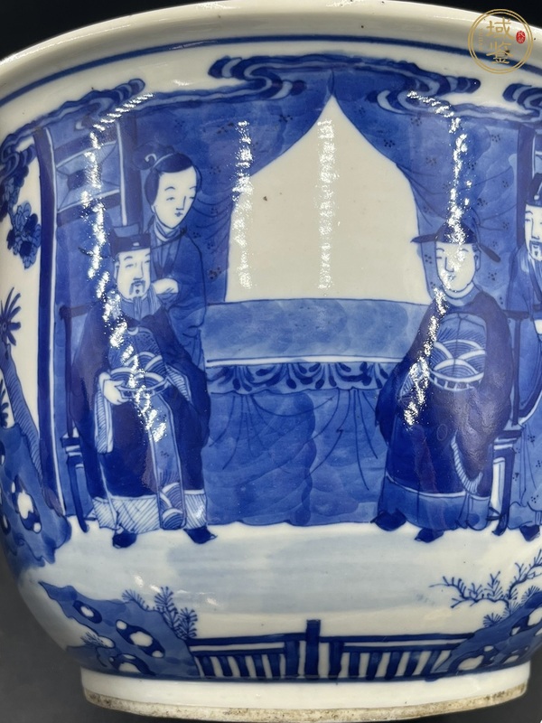 古玩陶瓷青花人物故事花盆真品鑒賞圖