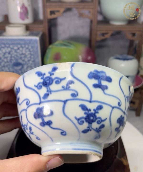 古玩陶瓷青花靈芝花卉紋茶碗真品鑒賞圖