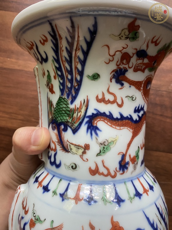 古玩陶瓷青花五彩龍鳳紋花觚真品鑒賞圖