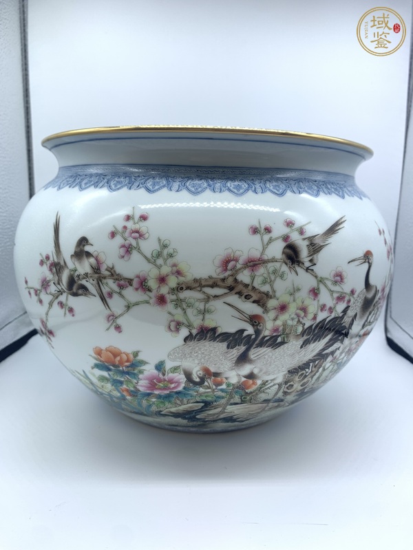 古玩陶瓷粉彩花鳥紋卷缸真品鑒賞圖